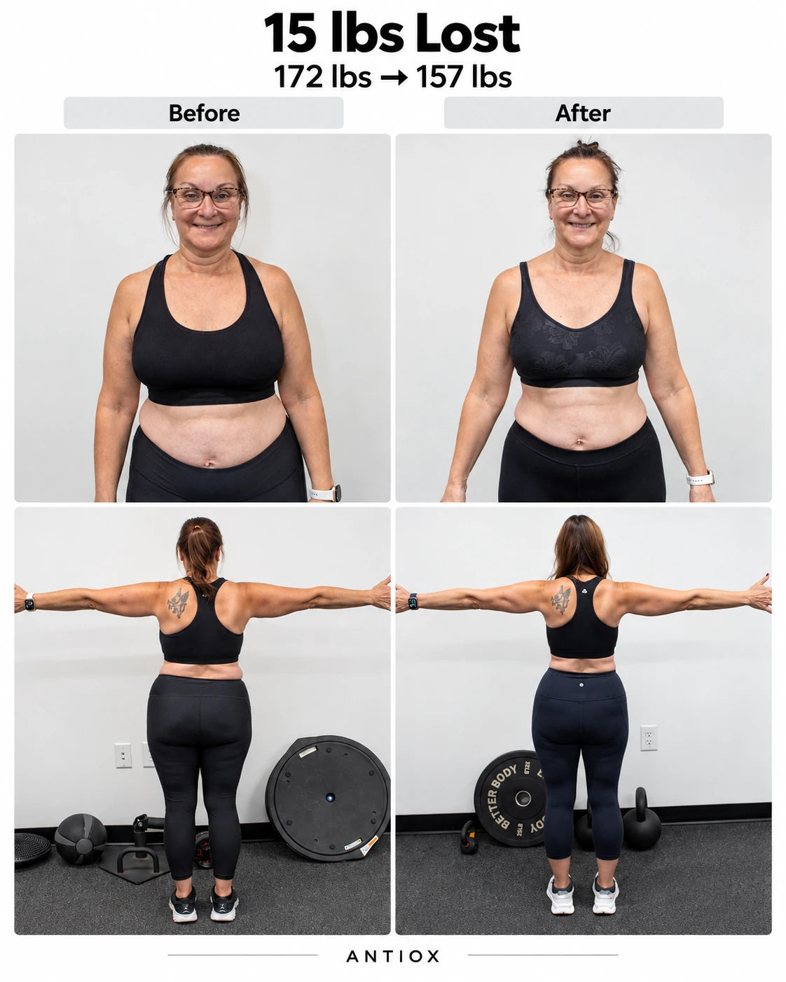 ANTIOX client before-and-after collage with front and back views, labeled 15 pounds lost