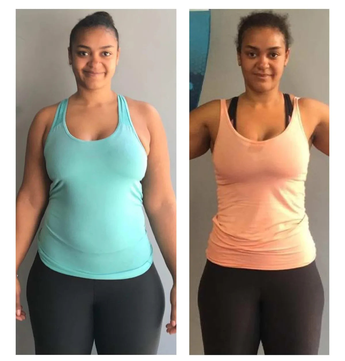 Two front-facing before-and-after photos of a client wearing teal and coral exercise tops