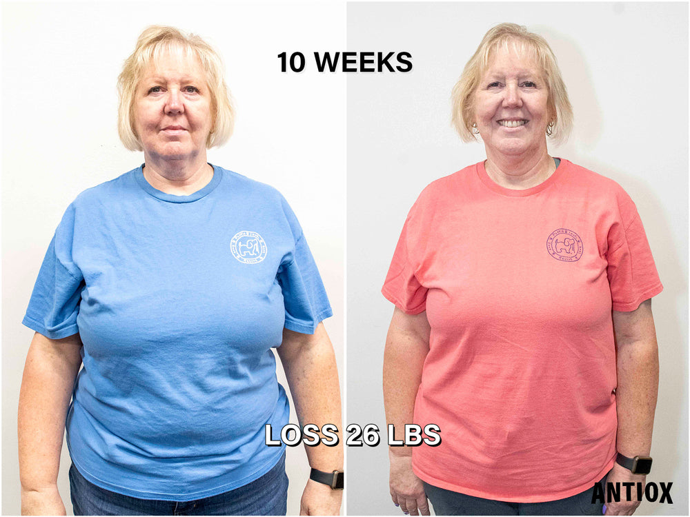 ANTIOX client before-and-after comparison, labeled 10 weeks and 26 pounds lost