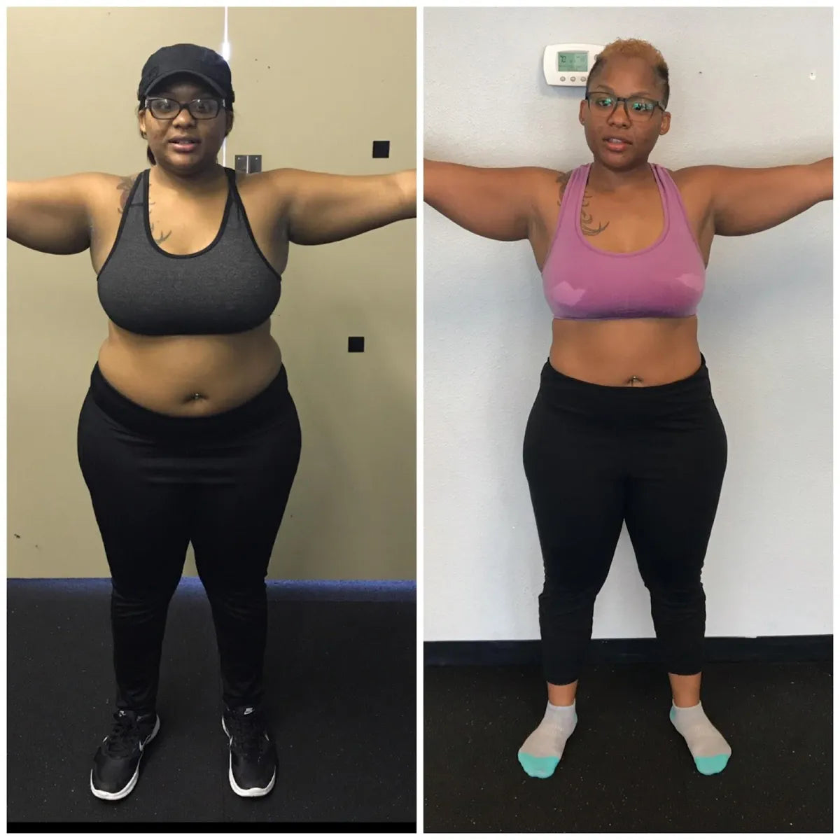 ANTIOX client front-facing before-and-after comparison in dark and purple exercise tops