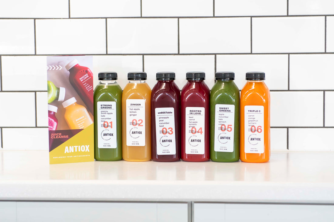 ANTIOX three-day juice-cleanse pack with six different cold-pressed bottles